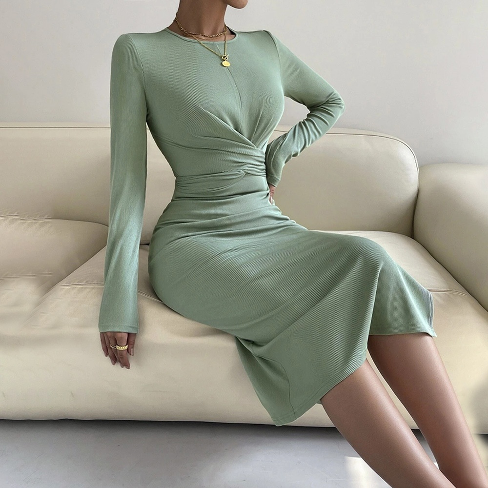 Foreign Trade European And American Women's Clothing Round Neck Slim Hip-wrapped Mid-length Skirt Long-sleeved Dress - 4