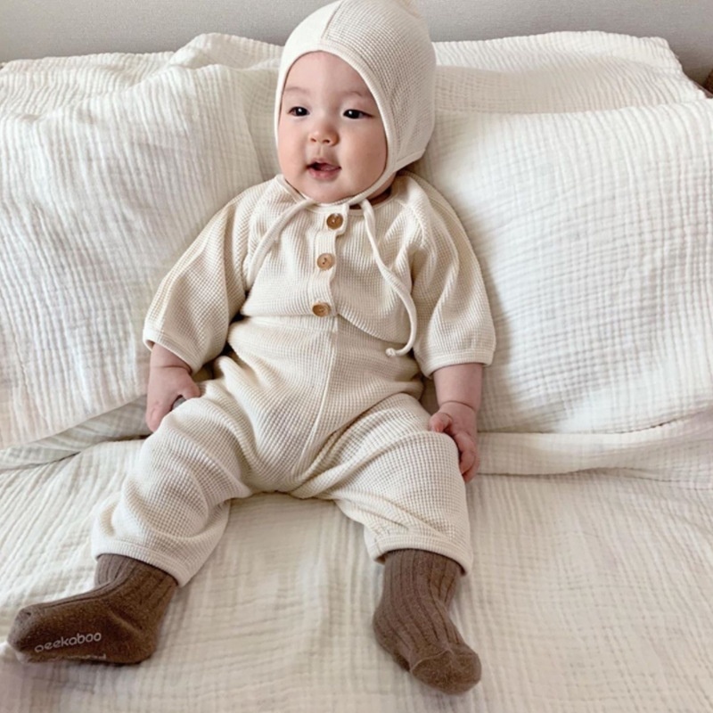 0-2-year-old Born Baby Climbing Clothing Spring And Autumn Korean Long-sleeved Conjoined Children's Home Clothing Hat