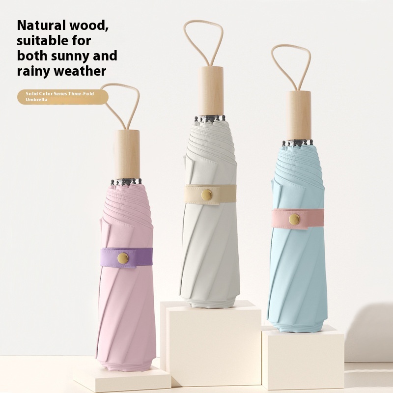 Color Glue8 Bone Windproof Solid Wood Handle Simple Men And Women Three Fold Umbrella Small Fresh Plus Printed Umbrella Advertising Umbrella