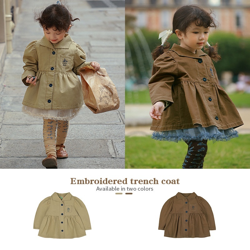 In Stock│Girls'Mid-length Windbreaker Jacket Autumn Korean Style Embroidered Cherry Children's Tops Children's Clothing