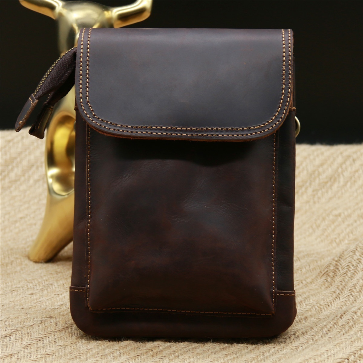 2019 Men's Crazy Horse Genuine Leather Waist Bag Waist Bag Waist Bag Waist Bag Cell Phone Bag Crossbody Bag Retro