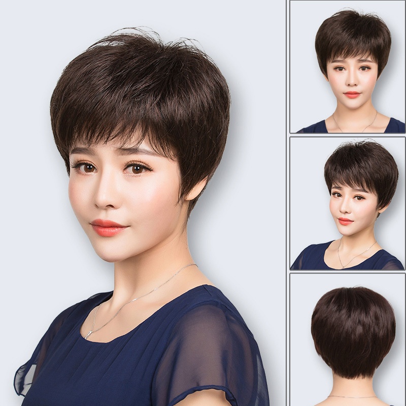 Wig Female Short Hair Middle-aged And Elderly Mothers Breathable And Light Hairstyle Oblique Bangs Real Hair Mixed Silk Jiafa Short Hair