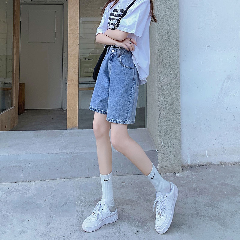 Five-point Denim Shorts Hot Girl Thin Loose High Waist Straight Wide Leg Pants