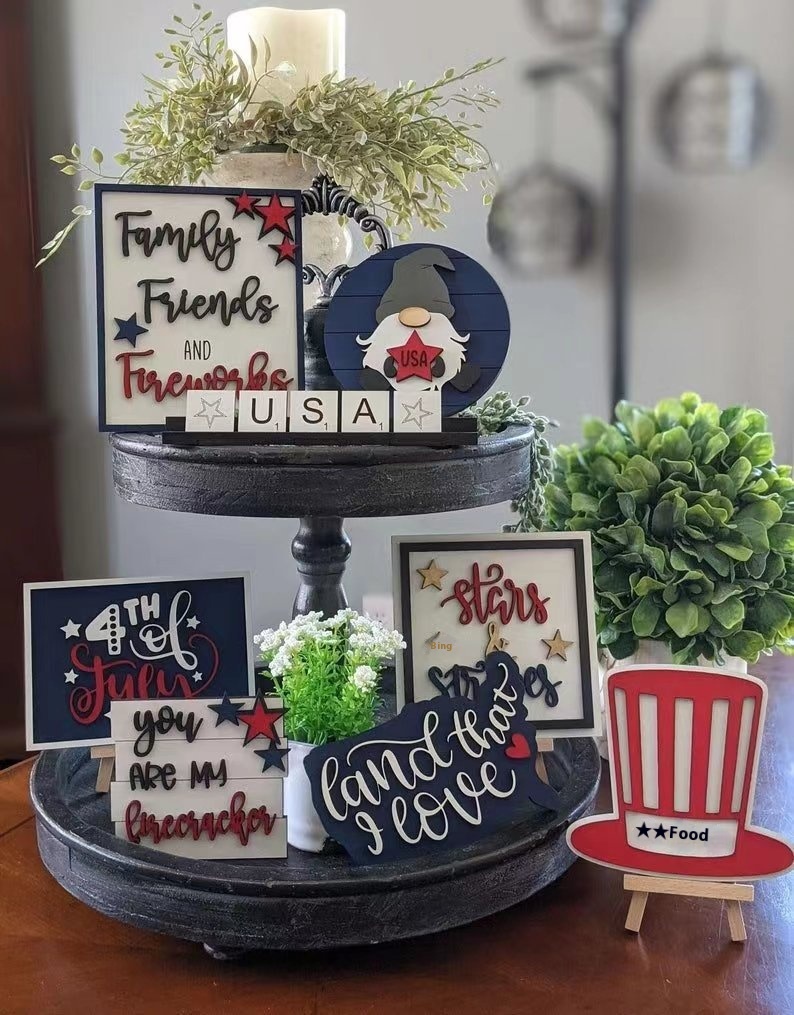 Wooden Crafts Independence Day Tiered Tray Decoration Set
