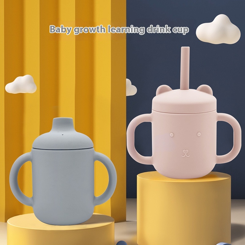 Bear Food Grade Silicone Straw Drinking Cup Children's High Temperature Resistant Double Ear Water Cup Baby Training Drinking Cup