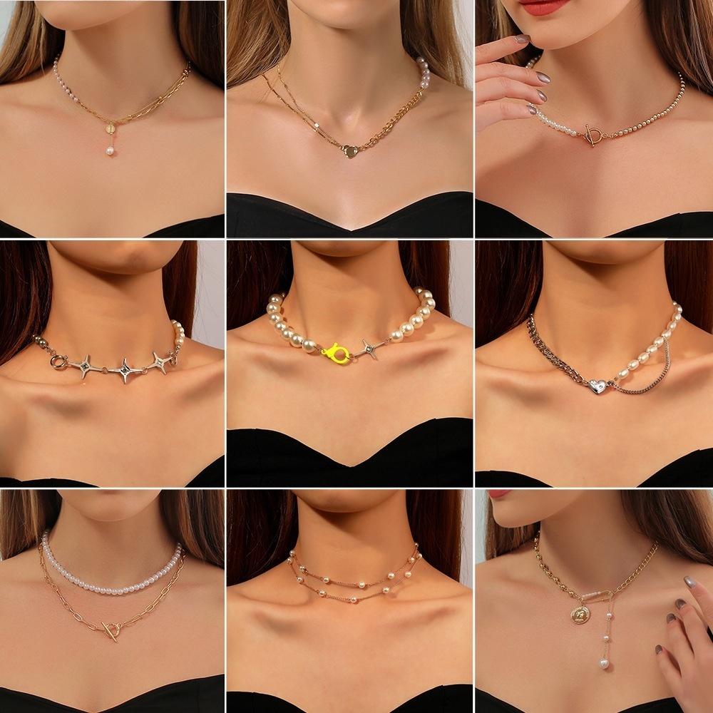 European And American Hip-hop Pearl Splicing Clavicle Chain Japanese And Korean Portrait Cross Chain Necklace Fashionable And Simple Internet Celebrity Accessories