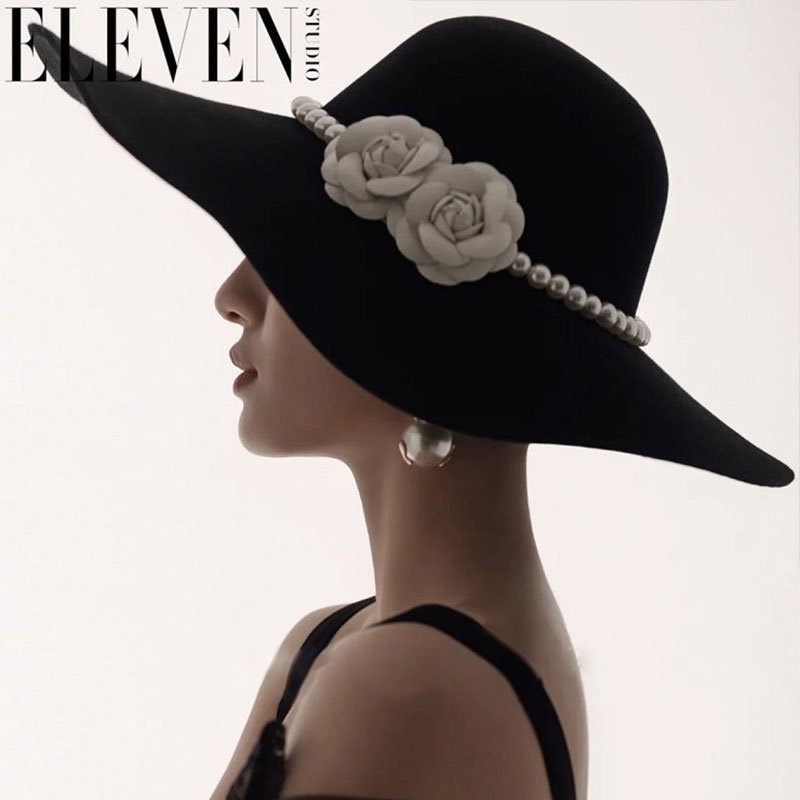 M10 French Black Topper All-match Elegant Pearl Flower Wedding Photo Fashion British Hat