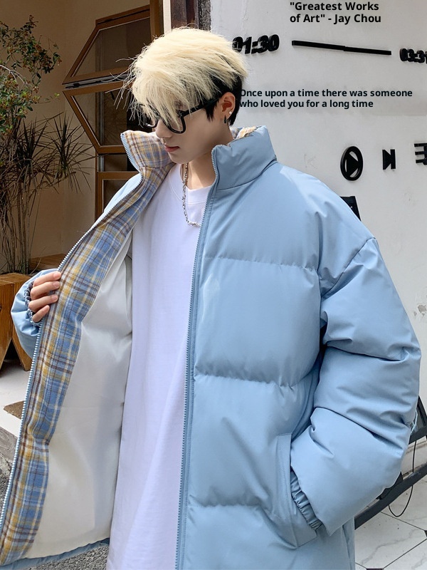 Plaid Stand Collar Bread Cotton Coat Men's Plus Velvet Thick Warm Down Cotton Jacket Boys Cotton Coat