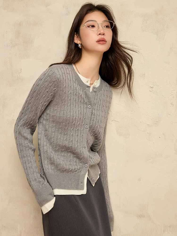 Fake Two-piece Contrast Color Wool Sweater Women's Top Cable Knit Cardigan Coat