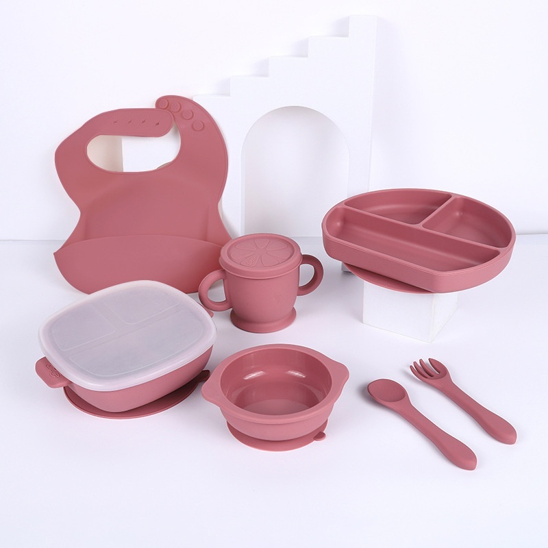Silicone Children's Tableware7-piece Set Divided Dinner Plate Silicone Bowl Strong Adsorption Anti-fall Food Grade Supplementary Food Bowl