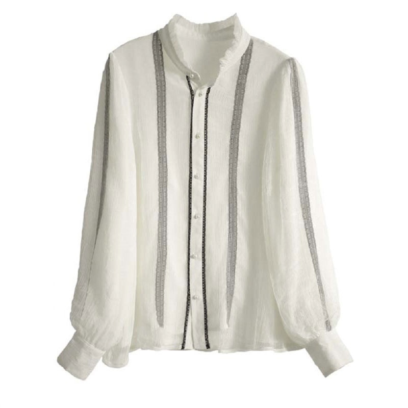 French Style Wood Ear Lace Trim Small Stand-up Collar Double-layer Long-sleeved Shirt