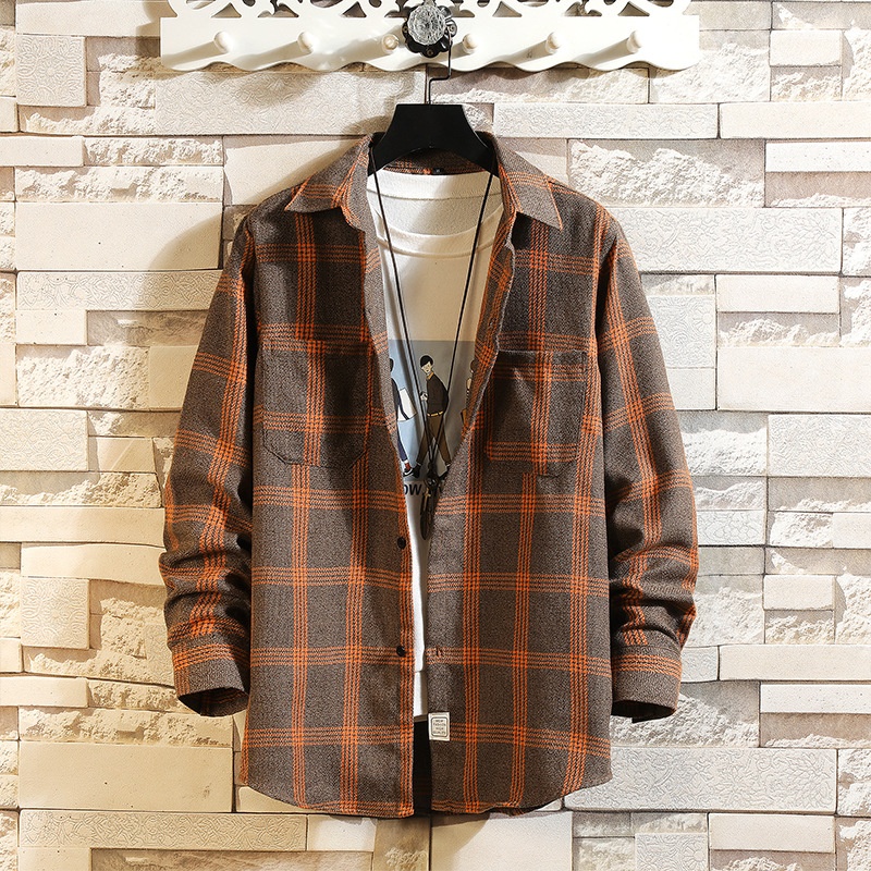 Spring And Autumn Men's Casual Fashion Double Pocket Plaid Long Sleeve Shirt Loose Large Size Youth