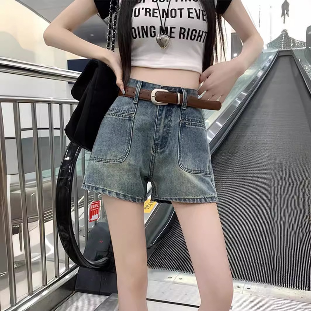 Front Pocket A-line Slim Wide-leg Hot Pants Denim Shorts Women Summer High Waist Slim A-line Hot Pants