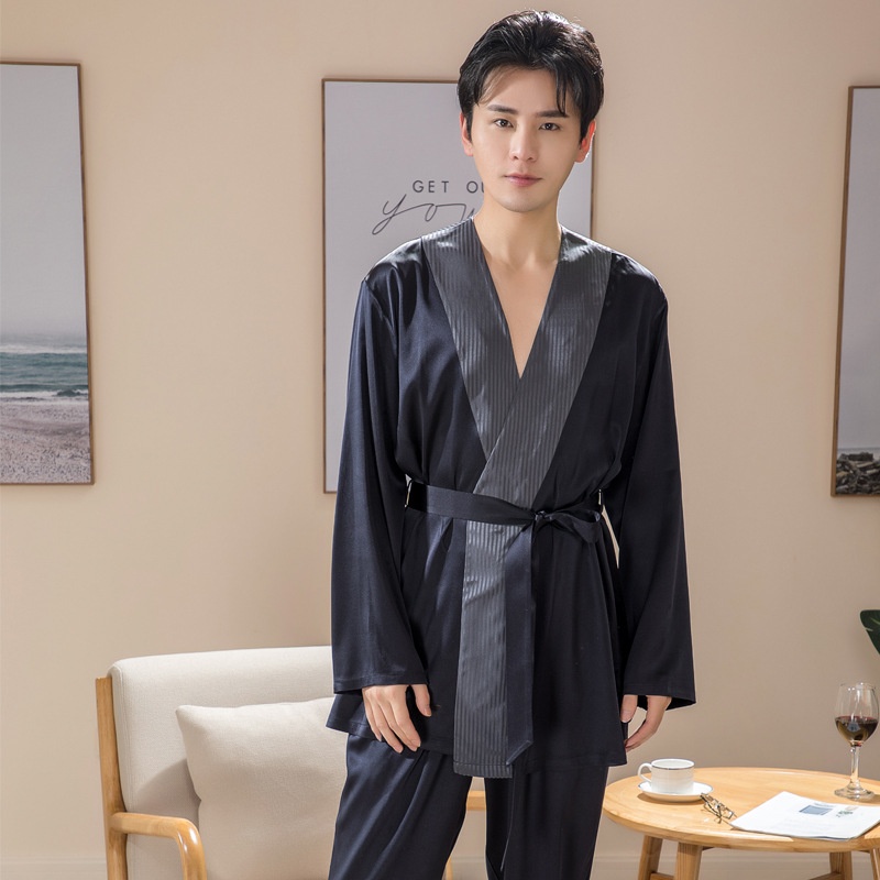 Casual Silk Pajamas Spring Summer Stretch Mulberry Silk Men's Nightgown With Trousers