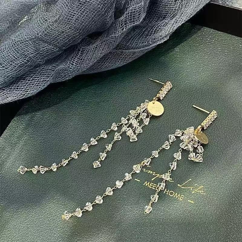 Light Luxury Smart Crystal Long Tassel Earrings Niche Design Fresh And Sweet High-end All-match Exquisite Earrings For Women