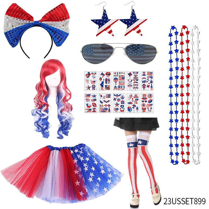 American Independence Day Flag Gauze Dress Set Independence Day Glasses Wig Earrings Clothing Accessories