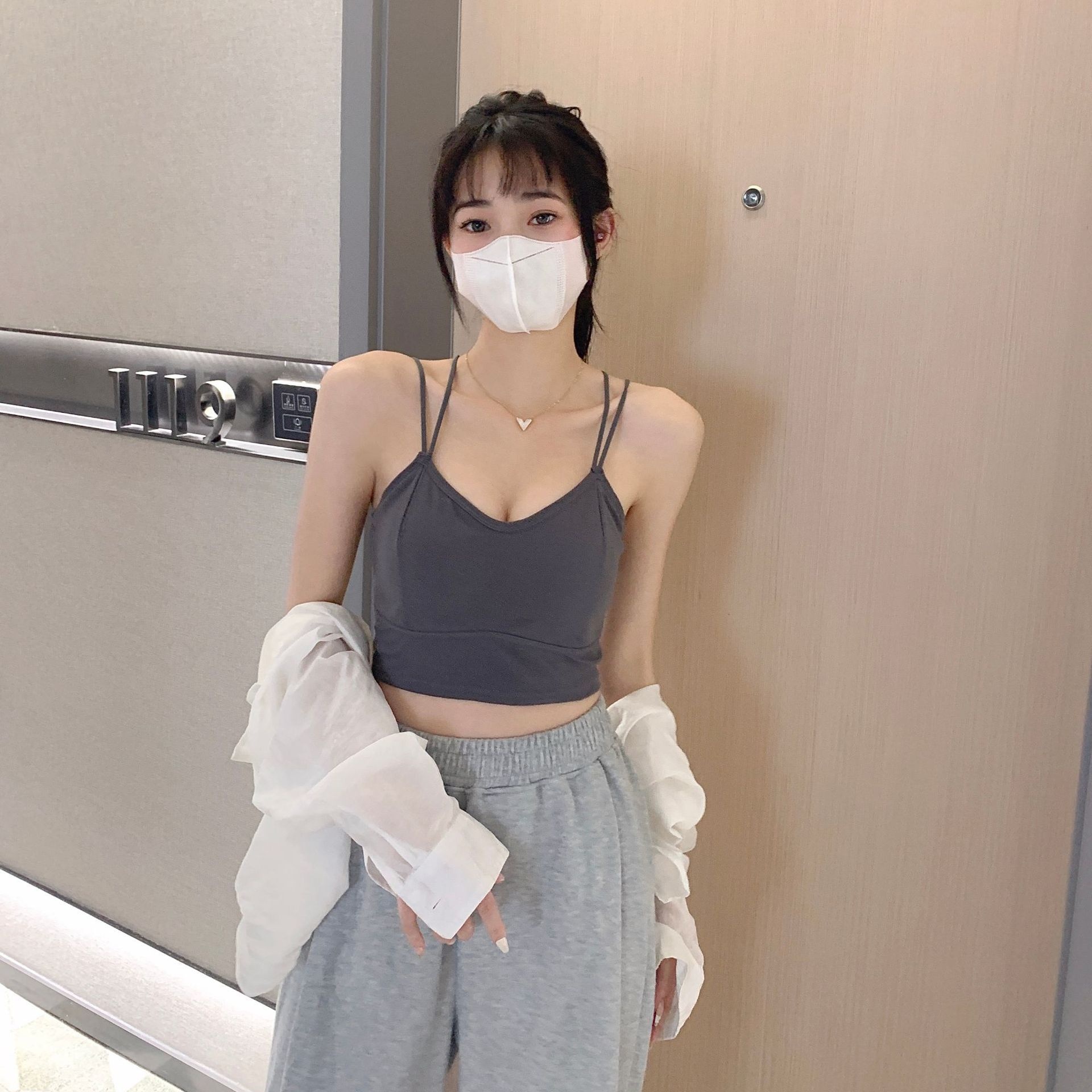 Spring And Summer Solid Color Double Shoulder Straps Cross Beautiful Back Camisole Breathable Hole Fixed Cup Underwear Women's No Steel Ring