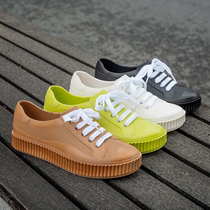 Charm Shark Summer Fashion Daily Lace-up White Shoes Student Rain Boots Casual Solid Color Low-top Water Shoes Women's Rain Boots