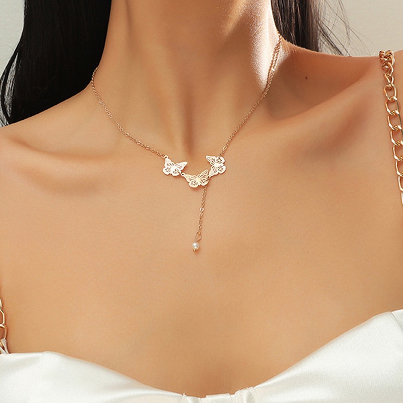 Cold Style Clavicle Chain Imitation Pearl Pendant Temperament Personality Net Celebrity Butterfly Pendant Necklace Female