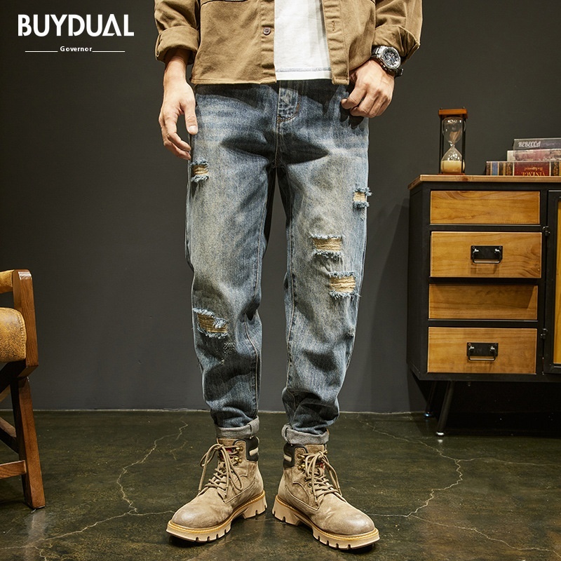Pants Men Loose Autumn Ripped Patch Jeans Men Tapered Retro High Street American Style Large Size High-end Harem Pants
