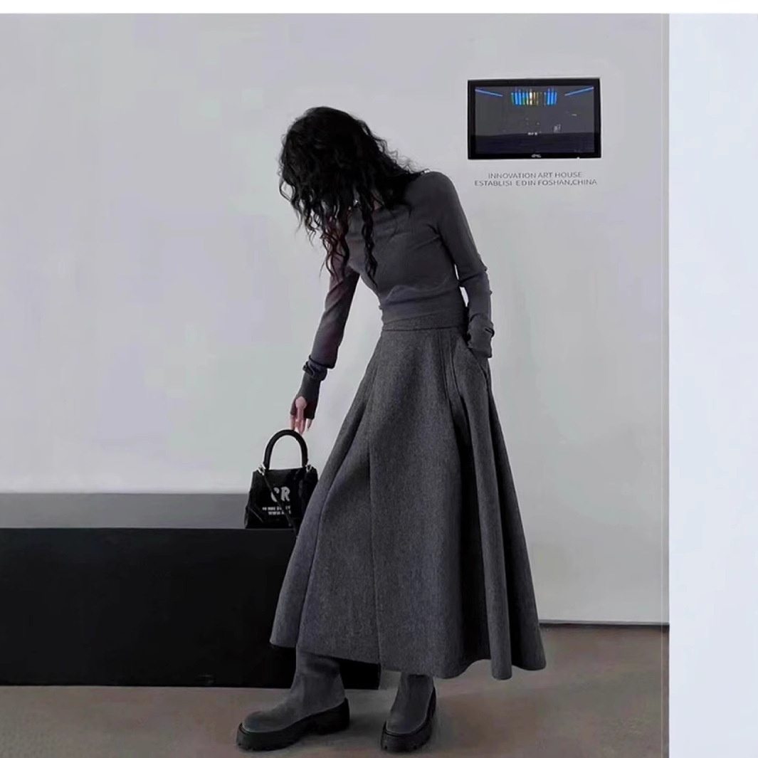 Dark Gray Woolen Skirt For Women Autumn And Winter Thickened High Waist Slimming Drape A-line Long Skirt