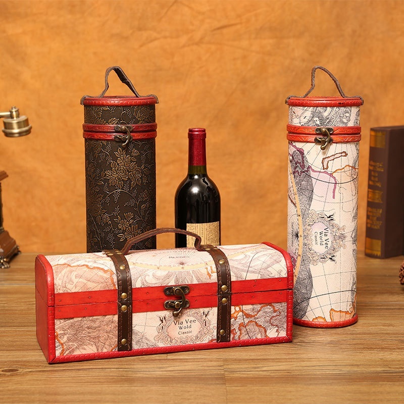 Chinese Antique Old Wooden Portable Red Wine Box PULeather Wine Packaging Box Single Cylinder Storage Wooden Box