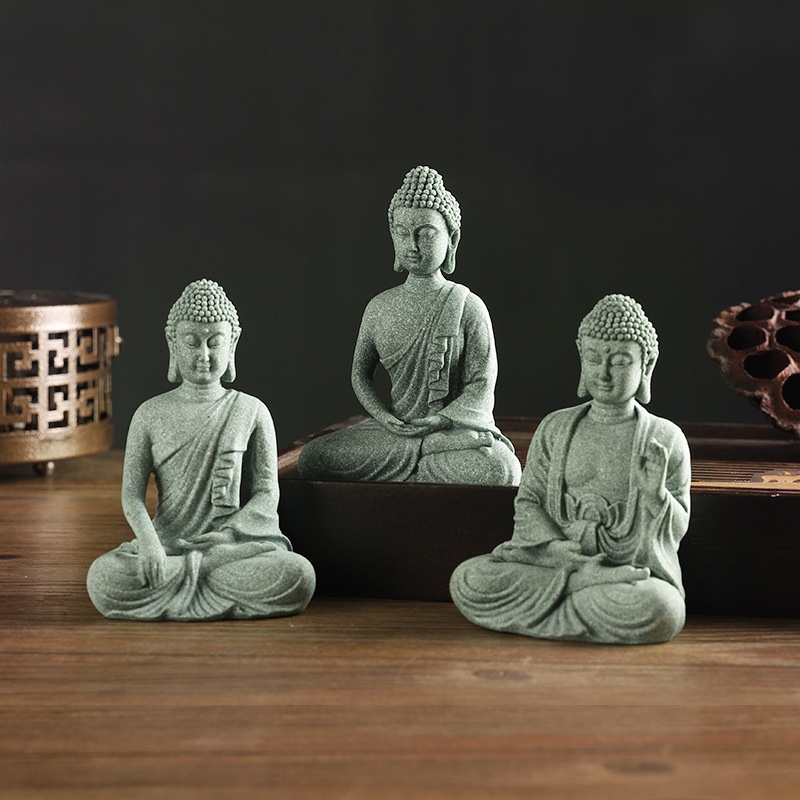 Chinese Zen Buddha Statue Sitting Ornaments Creative Green Sandstone Tea Pet Desktop Fish Tank Landscaping Home Decoration Furnishings