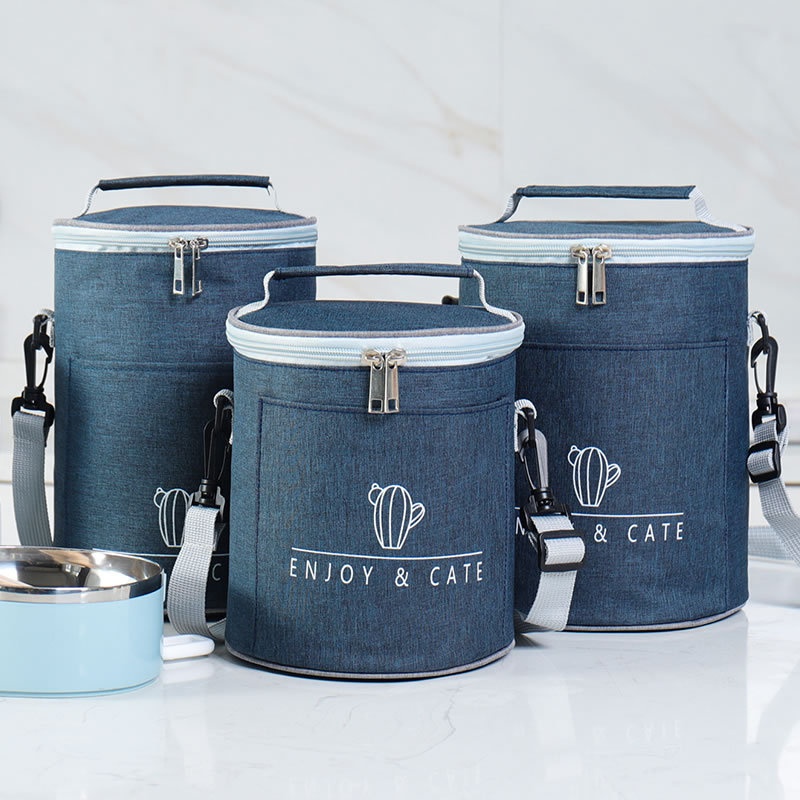 Oxford Cloth Lunch Bag Student Lunch Box Handbag Round Thick Aluminum Foil Outdoorulation Office Worker Cylinder Meal Bag