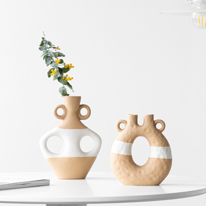 Modison European Hand-kneaded Two-color Ceramic Flower Vase Foreign Trade Handicraft Production High-end