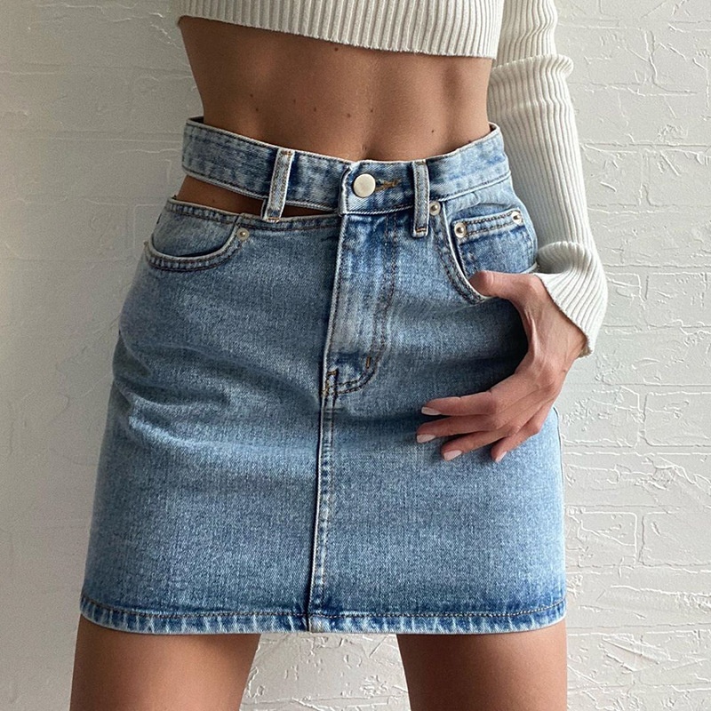 European And American Foreign Trade Unilateral Hollow Denim Skirt High Waist Slimming Casual Hip Denim Skirt Short Skirt For Women