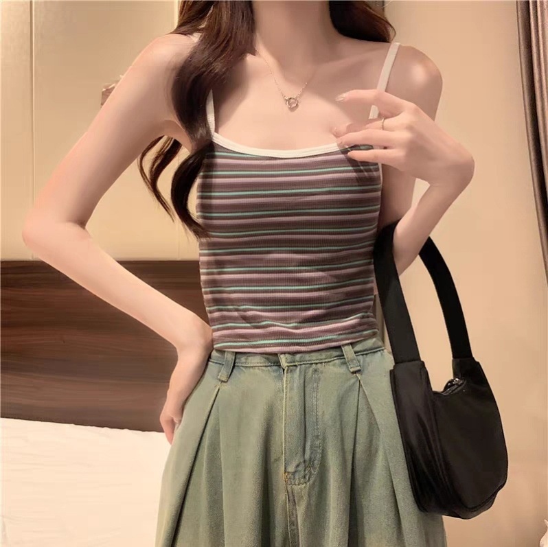 Summer Hot Style Striped Vest Suspender Sweet And Spicy Slimming Waist Beautiful Back Tube Top With Chest Pad Sleeveless Top For Women