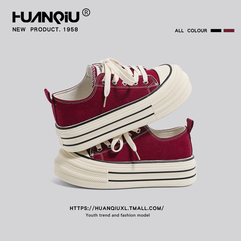 Global Wine Red Canvas Shoes For Women Spring All-match Thick-soled Height-enhancing Casual Niche Design Sneakers