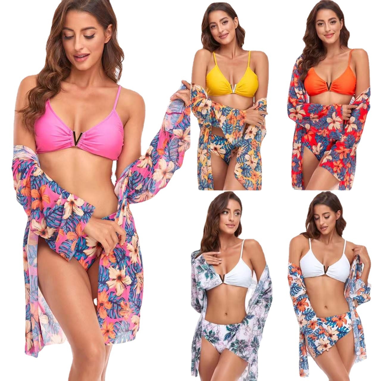 European And American Split Mesh Three-piece Swimsuit Full Body Flower Full Print Briefs Swimsuit