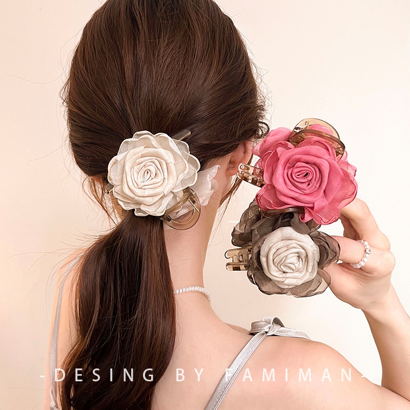 Chinese Style Rose Flower Clip Women's High-end Sense Back Head Half-hair Shark Clip Hairpin Headwear