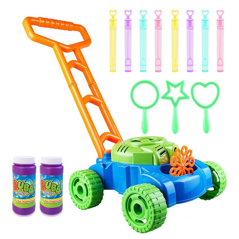 Lawn Mower Shaped Children's Toy Push Cart With Electric Bubble Blower