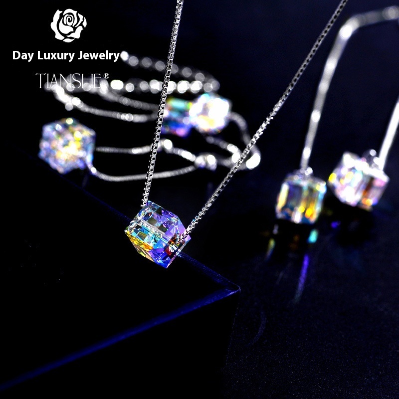 Shijia Authentic Crystal Pendant Aurora Cube Sugar Korean Fashion Magic Cube Necklace Earrings Set2015726