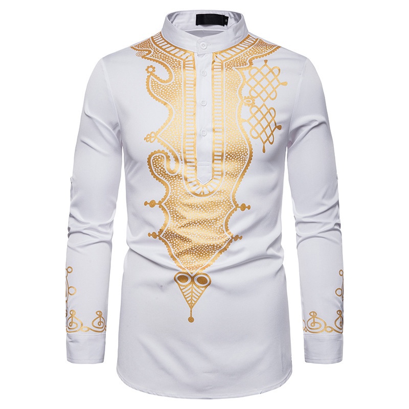 Foreign Trade Men's Casual Fashion Hot Stamping Pullover Shirt Totem Long Shirt Muslim Straight Shirt