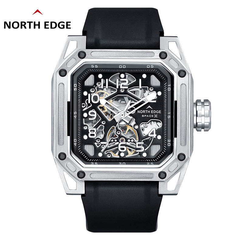 Stainless Steel Square Automatic Mechanical Watch With Ruby Skeleton Design,Seagull Movement,100m Waterproof Wristwatch
