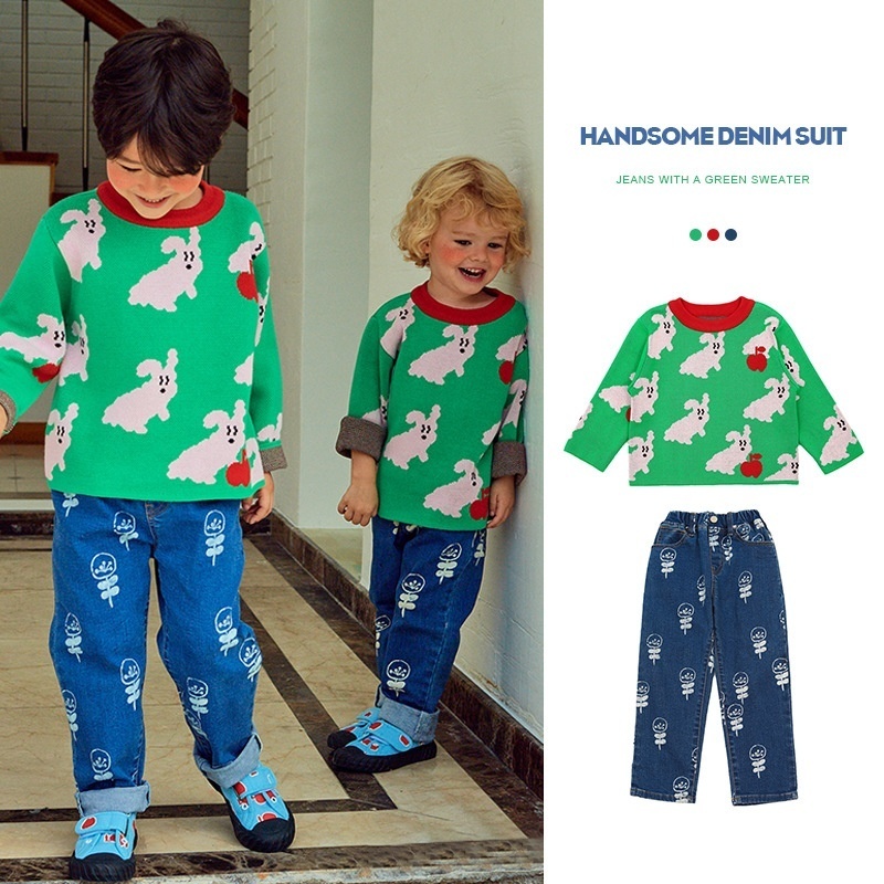 Autumn BESweater Green Cartoon Puppy Knitted Sweater Boys And Girls Sweater