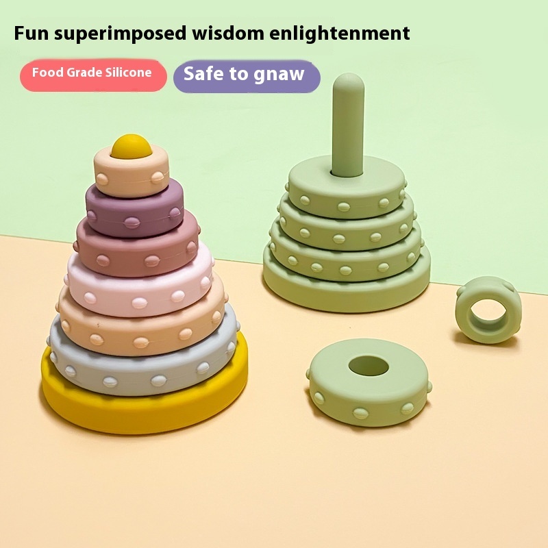 Food Grade Simple Rainbow Round Stacking Play Chewable Children's Early Education Parent-child Educational Ring Silicone Toy