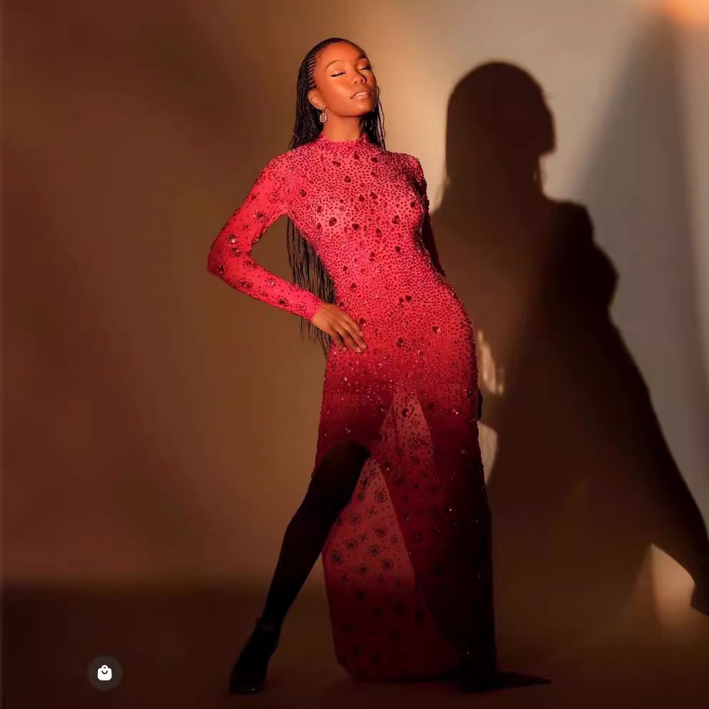 Rhinestone Long-sleeved Dress European And American Shiny Birthday Party Banquet Dress Skirt