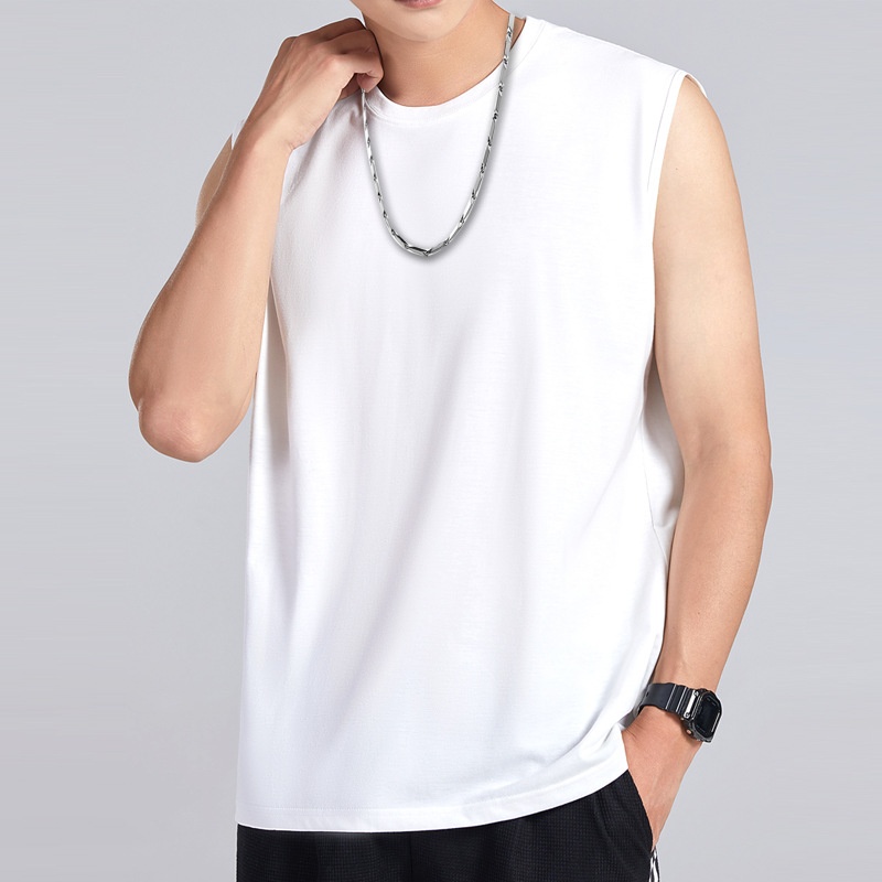 Men's American Heavyweight Wide Shoulder Vest Sports Sleeveless T-shirt Round Neck Loose Bottoming Top Solid Color Breathable