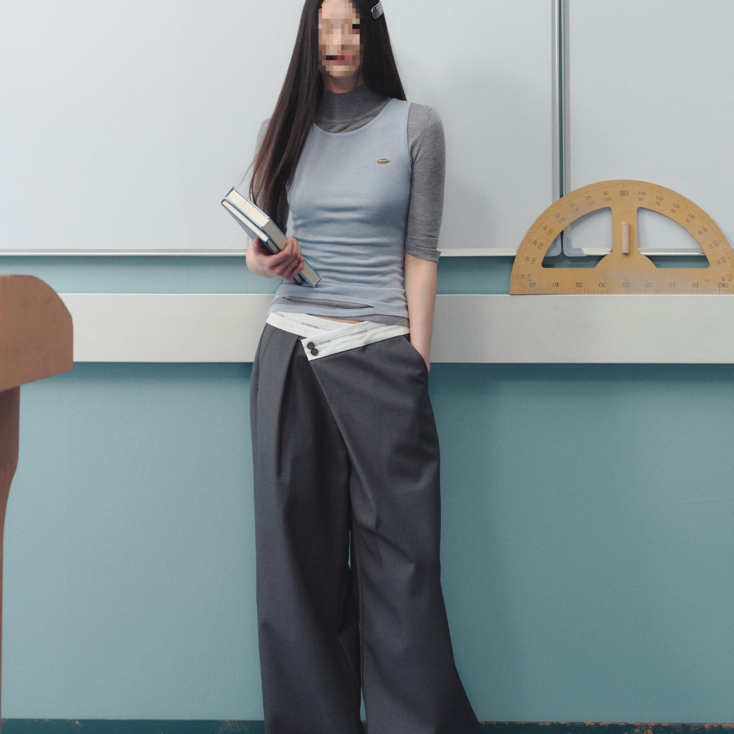 LaluneDuCiel 不规则撞色腰头宽松阔腿西装裤设计感直筒百搭裤子