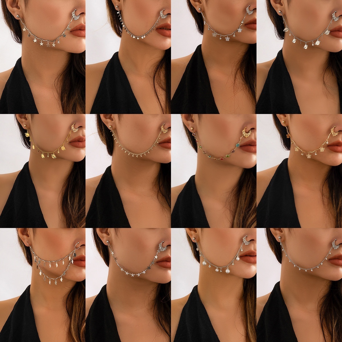 European And American Jewelry Ethnic Style Star And Moon Tassels Free Punching Nose Studs Nose Ornaments Sweet And Cool Earrings Piercing Nose Rings