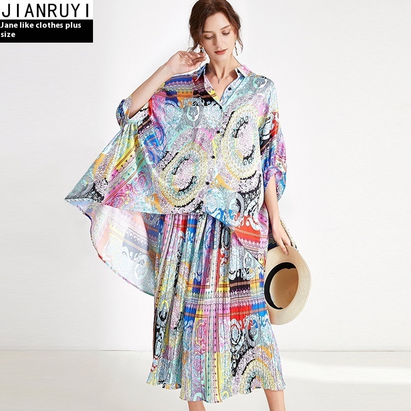 Plus Size Women's Suits Spring And Summer Fat Mm Loose Fashion Satin Print Slim Two-piece Suits Women's