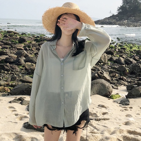 Beach Vacation Solid Color Loose Slim Thin Sun Protection Shirt Female Summer Casual Shirt Top
