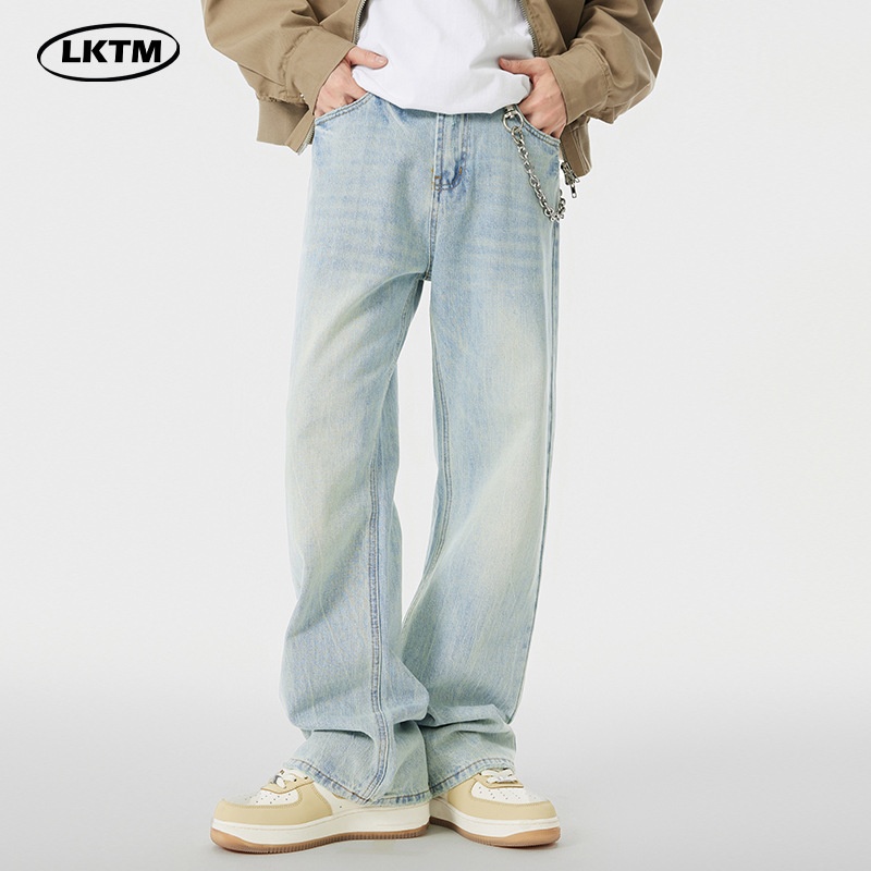 LKTMMen's Wear#American High Street Vibe Clear Blue Flared Jeans Men And Women High-end Versatile Floor-Mopping Trousers