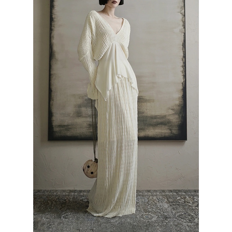 In-Stock Lazy Retro Pleated Texture V-Neck Batwing Sleeve Patchwork Irregular Top Straight Skirt Long Set