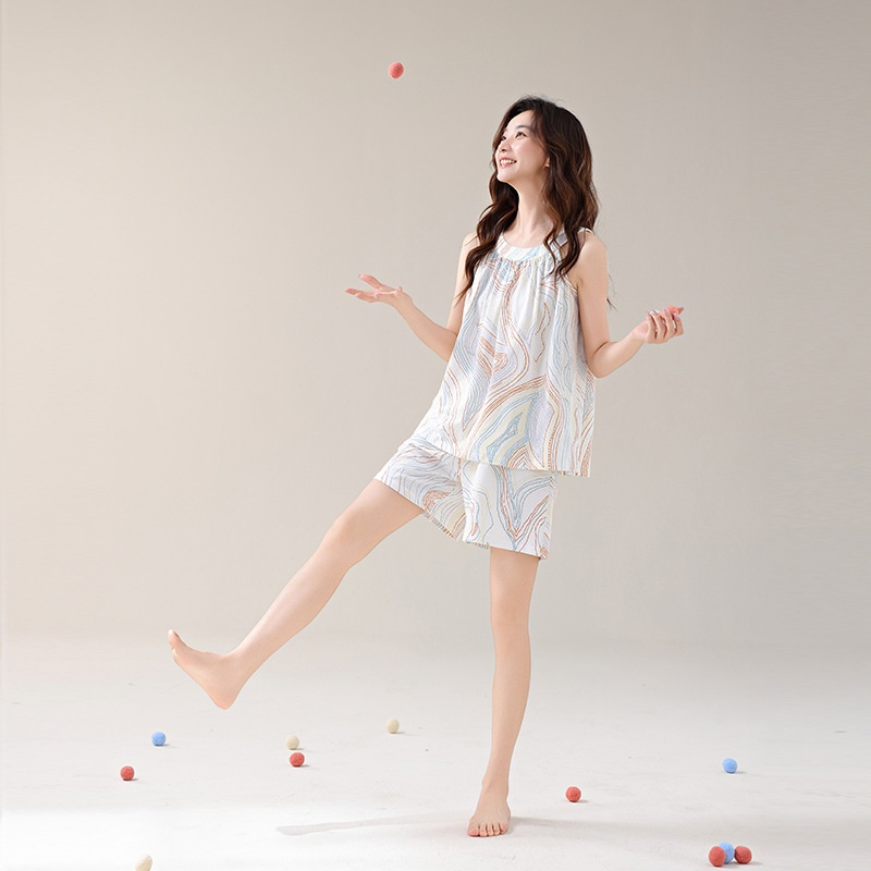 [With Chest Pad]Summer Pajamas Pure Cotton7 AAntibacterial Home Clothes High-end Suspender Shorts Set