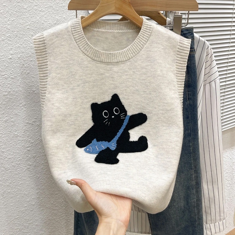 Round Neck Cartoon Kitten Knitted Vest Knitwear Autumn And Winter Korean Style Women's Knitwear Top